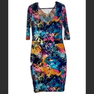 Nicki Minaj Colorful bodycon Stretchy Floral Knit print Dress sz L